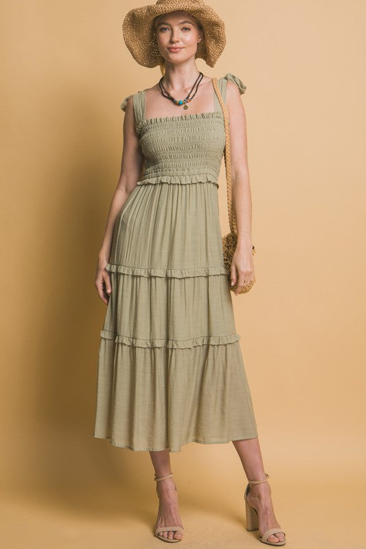 PLEATED SMOCKED MIDI DRESS