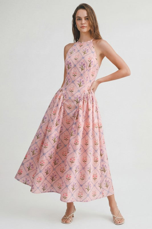 FLORAL JACQUARD HALTER MIDI DRESS
