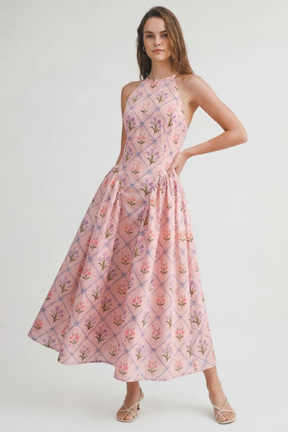 FLORAL JACQUARD HALTER MIDI DRESS