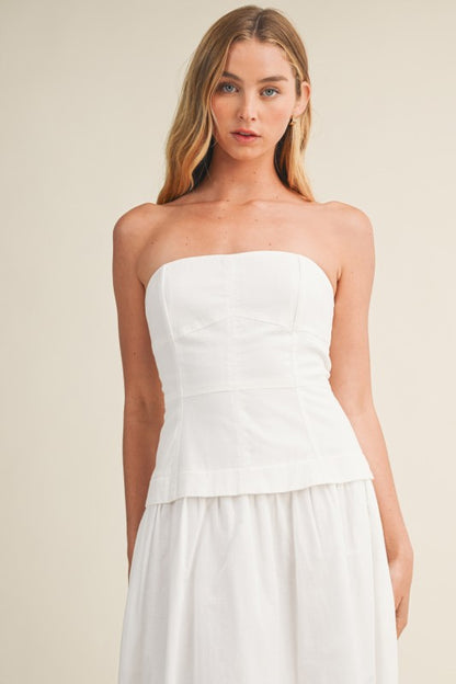 STRAPLESS EYELET SCALLOP HEM TWOFER MIDI DRESS