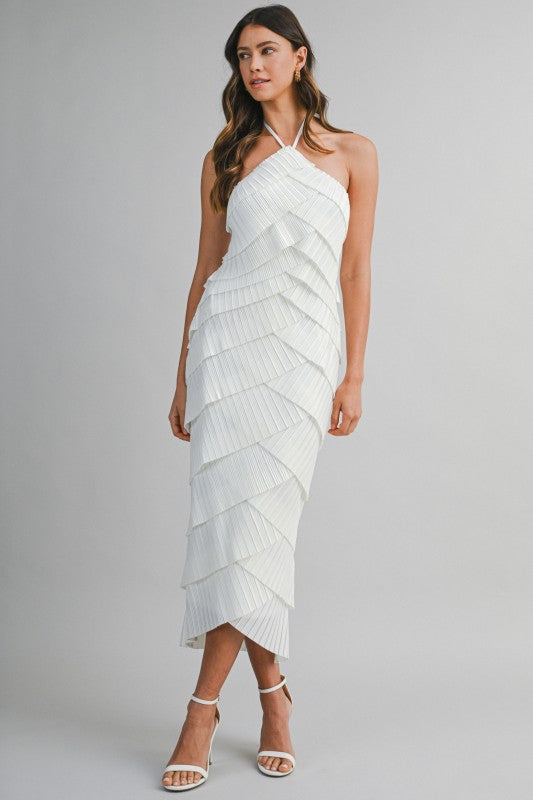 PLEATED HALTER LAYERED DIAGONAL RUFFLE MIDI DRESS