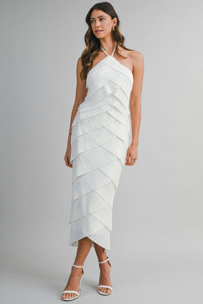 PLEATED HALTER LAYERED DIAGONAL RUFFLE MIDI DRESS