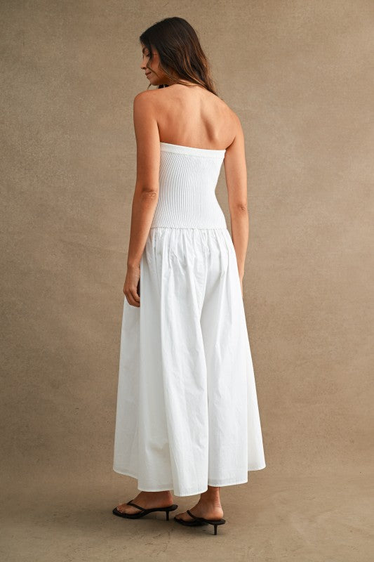 STRAPLESS RIBBED KNIT BODICE POPLIN MIX MAXI DRESS