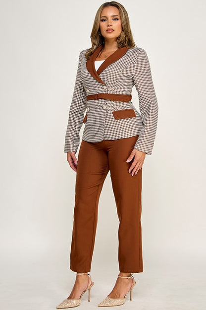 LONG SLEEVES CONTRAST BELTED JACKET WITH PANTS SET