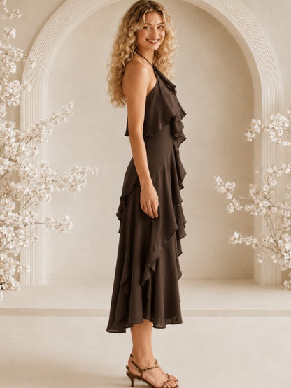 HALTER NECK RUFFLE MIDI DRESS