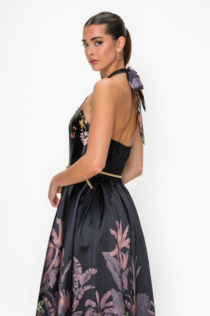 TROPICAL FLORAL HALTER BELTED MAXI DRESS