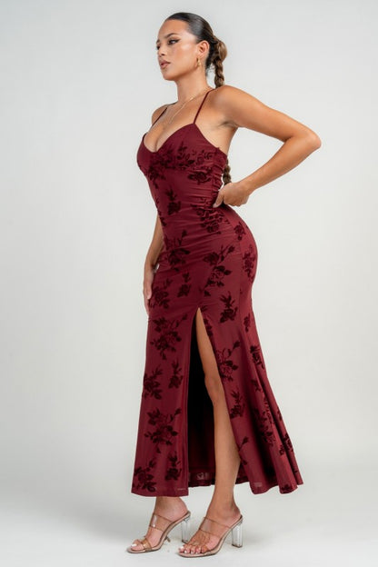 BUSTIER SPAGHETTI STRAP LACE UP FRONT SLIT MAXI DRESS