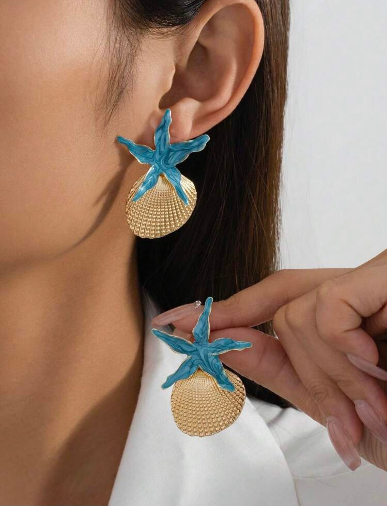 BLUE DROPLET STARFISH & SHELL SUMMER EARRINGS