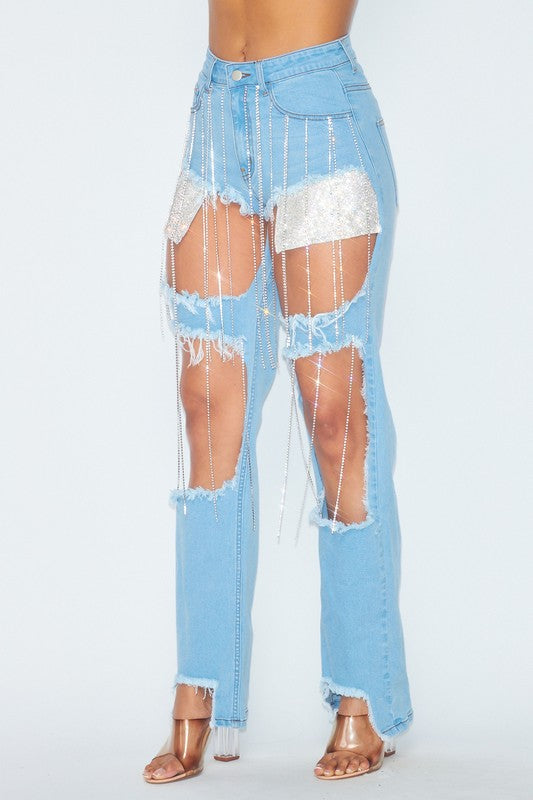 RHINESTONE FRINGE DENIM JEANS PANTS