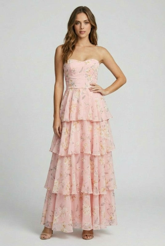 FLORAL TIERED STRAPLESS MAXI DRESS