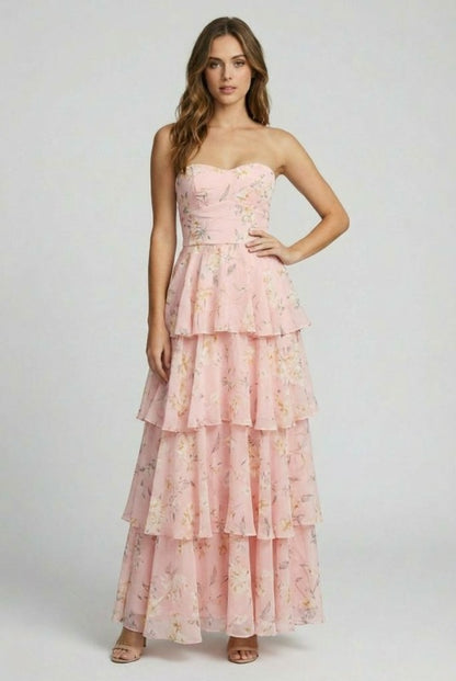 FLORAL TIERED STRAPLESS MAXI DRESS