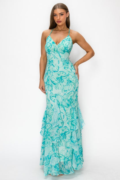 FLORAL HALTER PRINTED MAXI DRESS WITH OPEN BACK