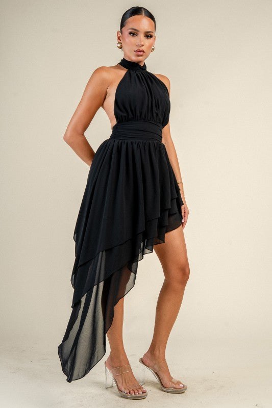 CHIFFON HALTER NECK ASYMMETRIC MINI DRESS