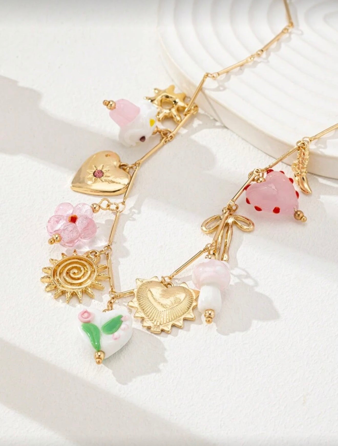 GLASS HEART MUSHROOM BOW CHARM PENDANT NECKLACE