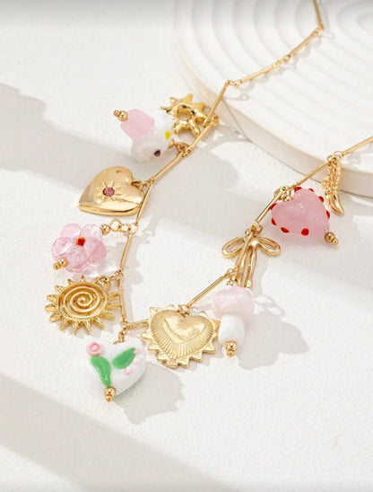 GLASS HEART MUSHROOM BOW CHARM PENDANT NECKLACE