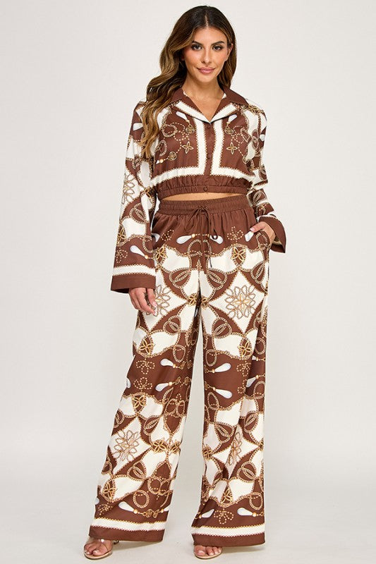 PRINT LONG SLEEVE TOP WITH WIDE LEG PANTS SET