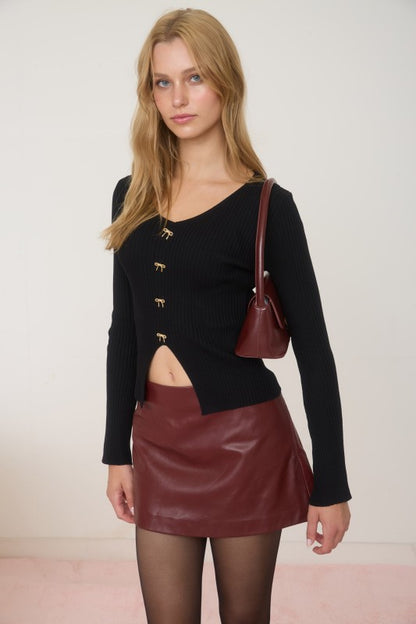 FRONT BOW HARDWARE DETAIL SPLIT HEM KNIT CARDIGAN