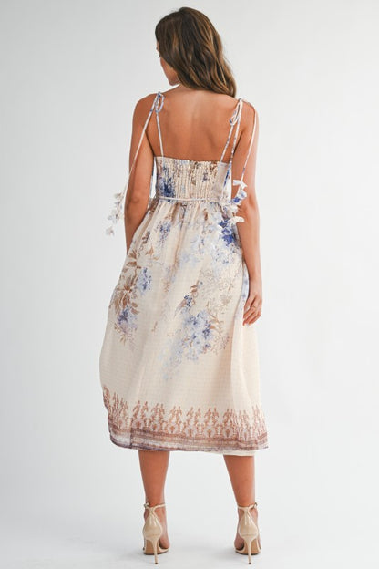 FLORAL CHIFFON TIE-STRAP MIDI SUMMER DRESS