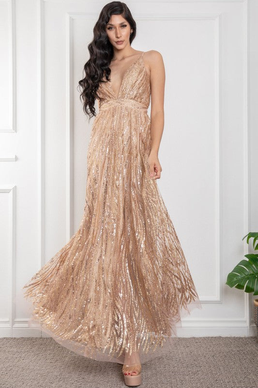 SEQUINED MESH CORSET MAXI DRESS