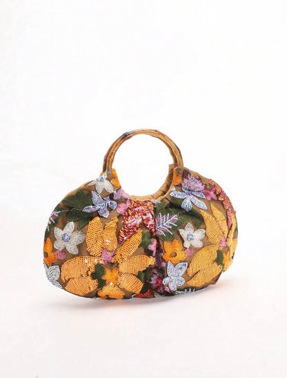 PVC SEQUINS PLEATED CLOUD MESH EMBROIDERED CLUTCH BAG