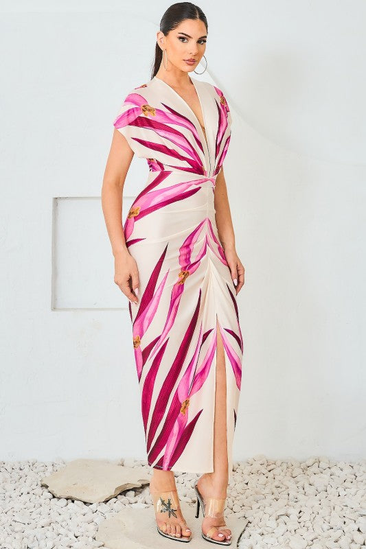 PRINTED DEEP V NECK MIDI DRESS