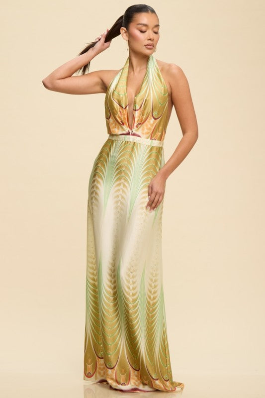 HALTER SATIN PRINTED MAXI SUMMER DRESS