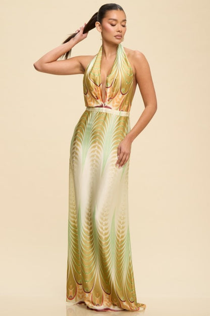 HALTER SATIN PRINTED MAXI SUMMER DRESS