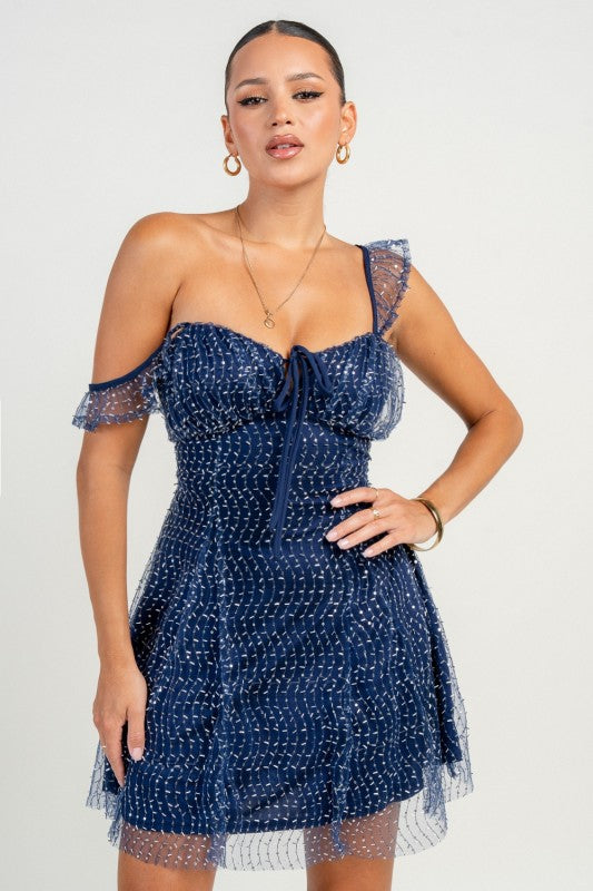 OFF THE SHOULDER EMBELLISHMENT A-LINE MINI PARTY DRESS