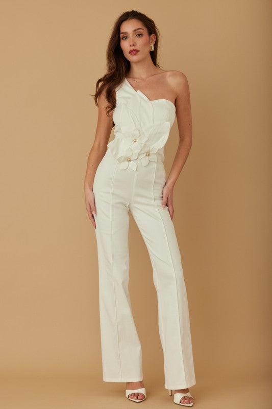 DENIM FLOWER BOOM HALF SHOULDER JUMPSUIT