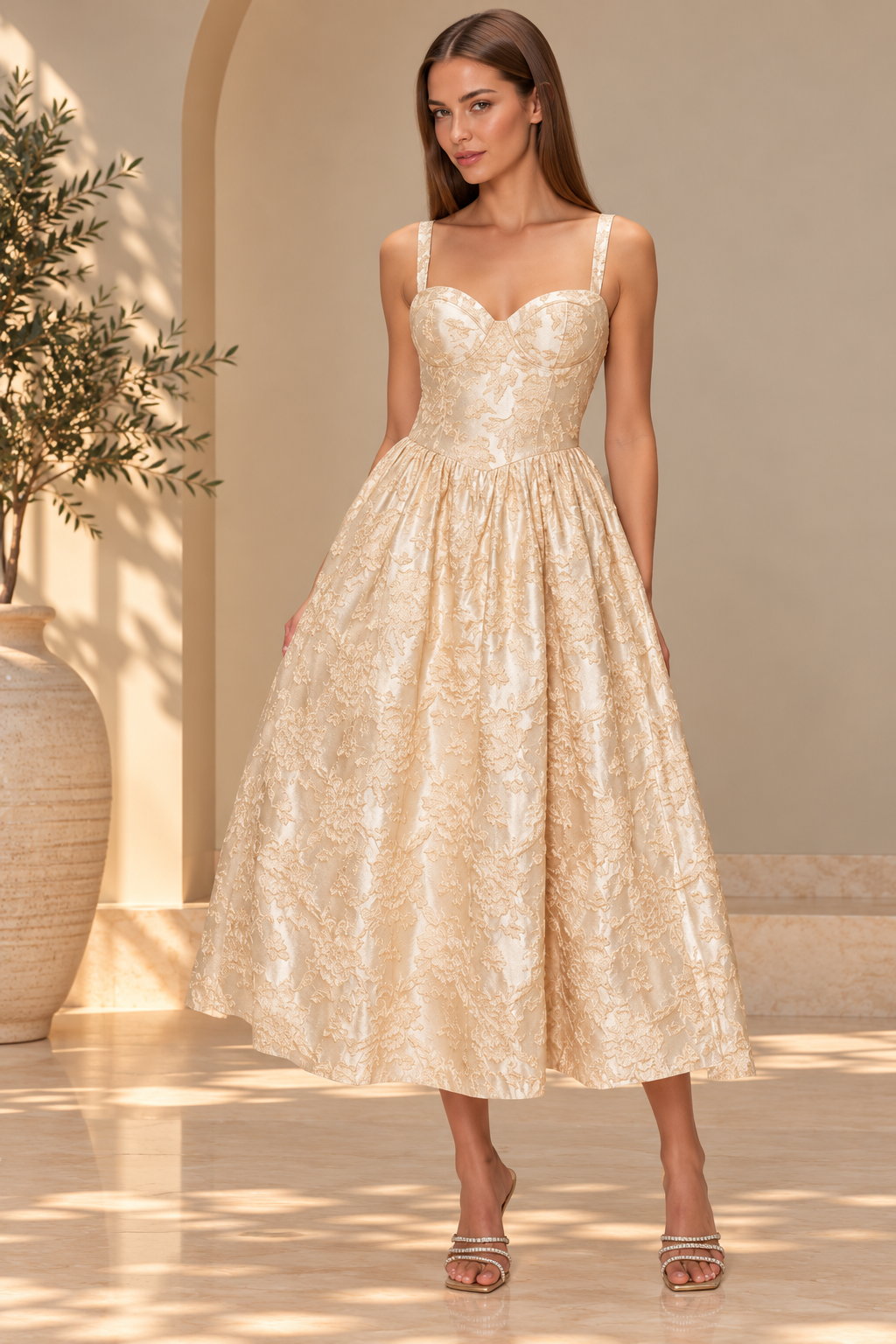 FLORAL JACQUARD SWEETHEART MIDI DRESS