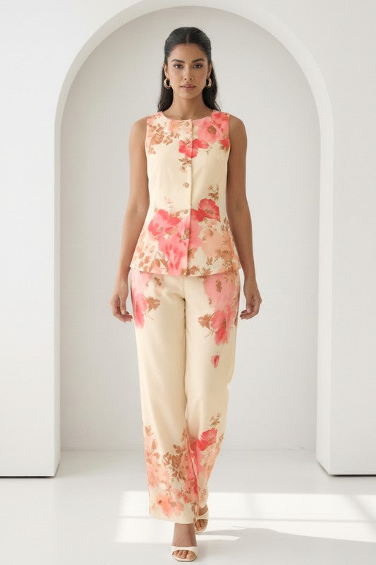 PRINTED SLEEVELESS TOP AND PANTS SET