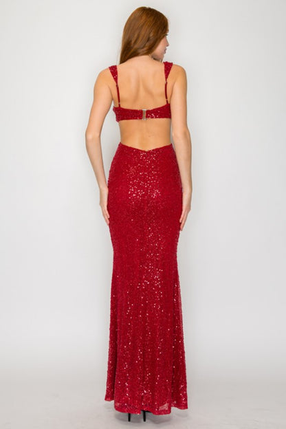 BEADED SEQUIN MAXI COCKTAIL DRESS WITH SIDE CUT-OUTS
