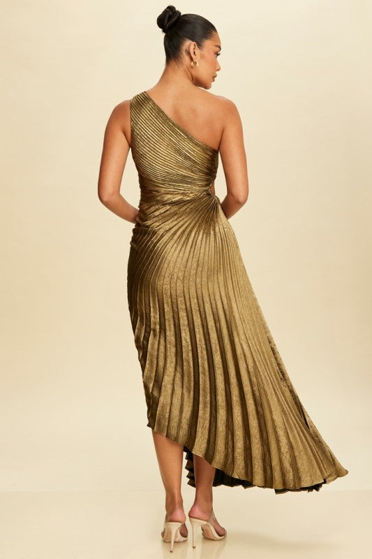 METALLIC PLEATED ONE SHOULDER DRESS