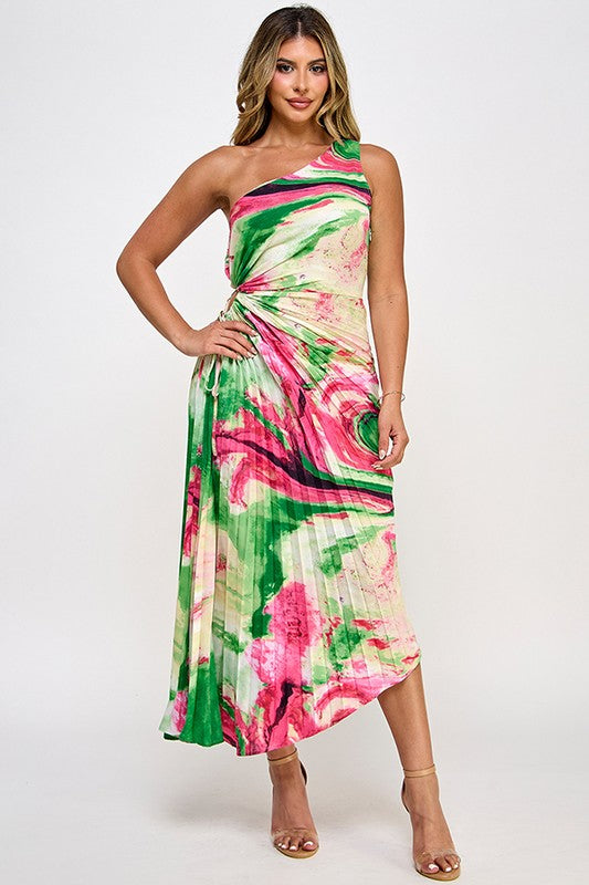 PRINTED ONE SHOULDER PLEATED ASYMMETRICAL DRESS