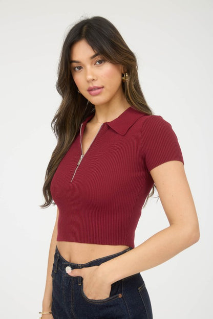 COLLARED HALF ZIPPED KNIT CROP TOP