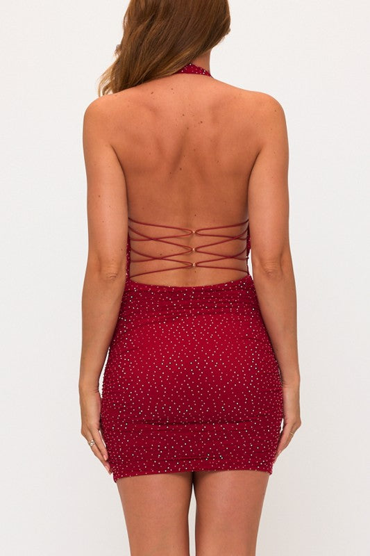EMBELLISHED HALTER RUCHED MINI DRESS