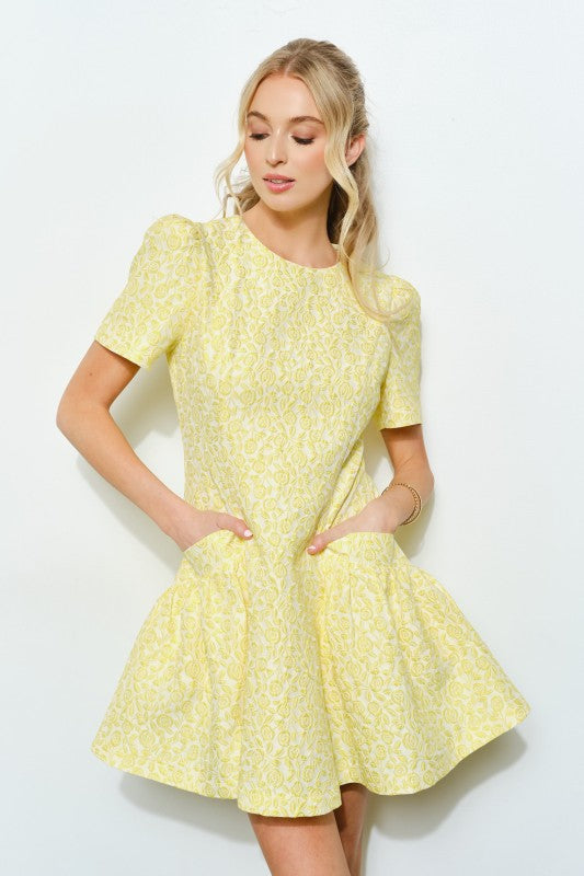 FLORAL JACQUARD FLARE MINI DRESS