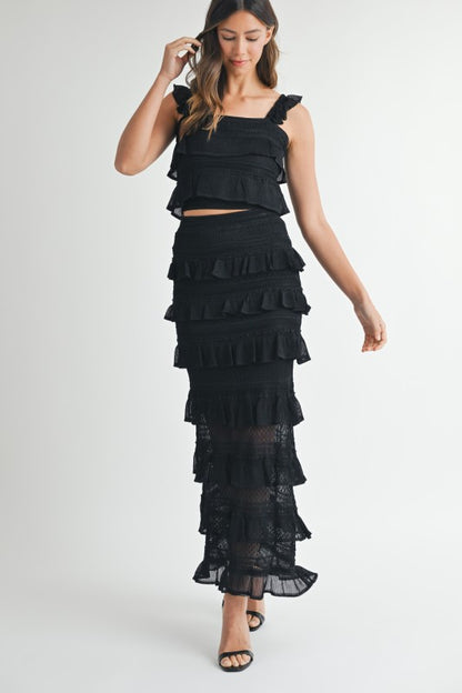 CONTRAST DETAIL RUFFLE KNIT TOP SKIRT SET