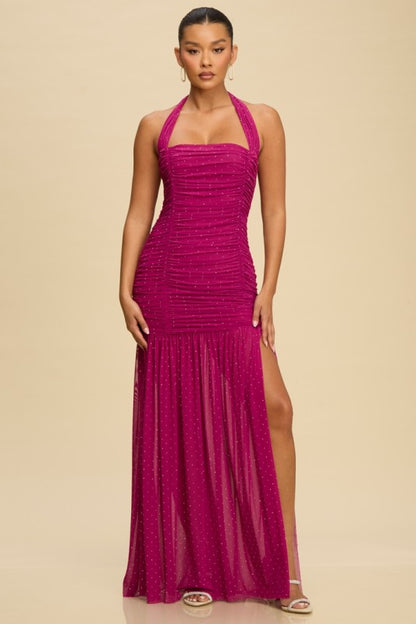 STUDDED RUCHED HALTER MAXI PARTY DRESS