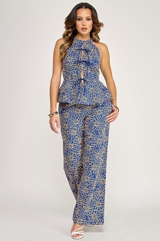 HALTER NECK TIE FRONT PEPLUM TOP W/ PANTS SET