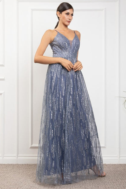 DEEP V NECK SPAGHETTI STRAP SEQUINED MAXI COCKTAIL DRESS