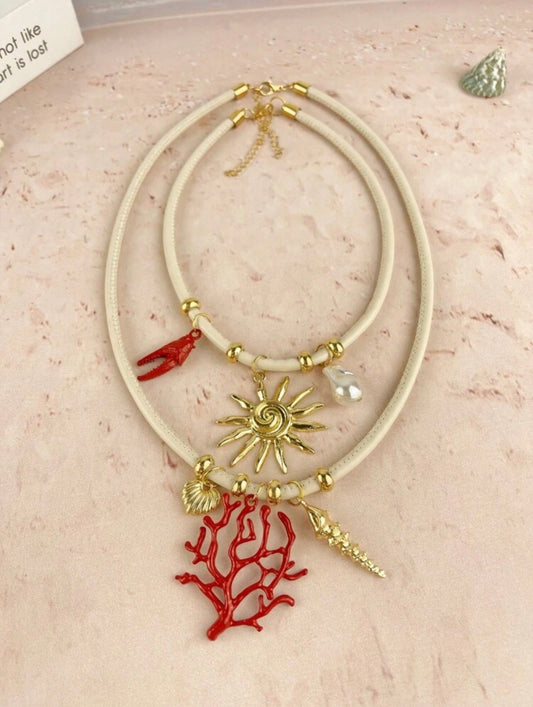 2 PCS CORAL PENDANT NECKLACE WITH LEATHER CORD
