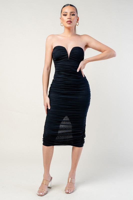 MESH RUCHED TUBE MIDI DRESS