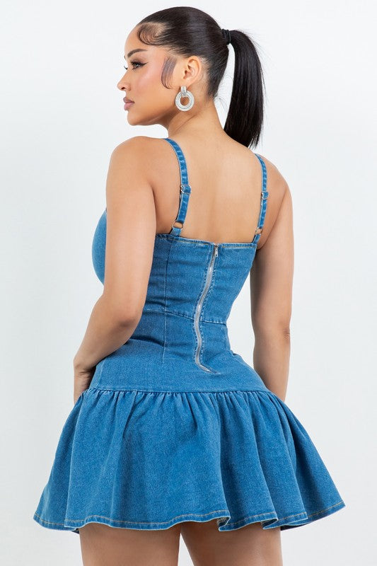 RHINESTONE BOW DENIM MINI DRESS