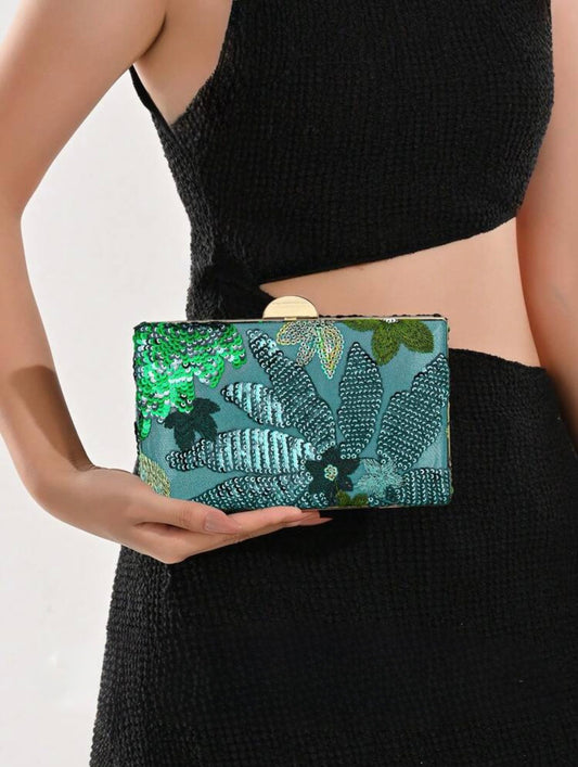 SEQUIN EMBROIDERED FLORAL CLUTCH BAG
