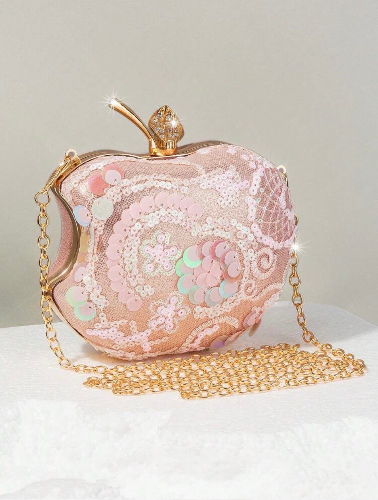 PINK APPLE SHAPED SEQUIN EVENING CLUTCH
