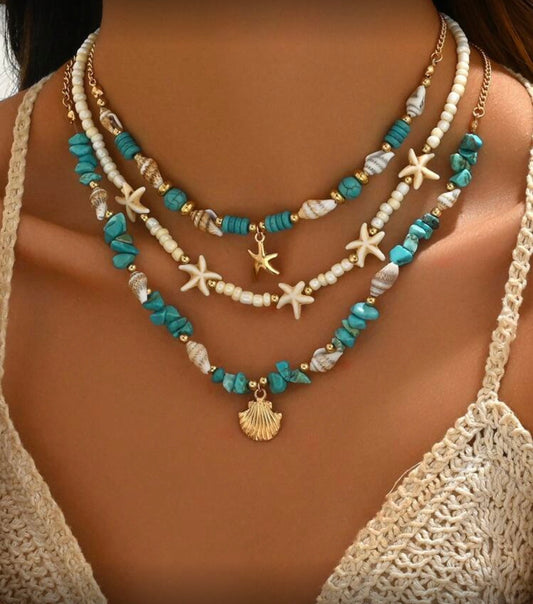 3pcs Set Turquoise Shell & Pearl Beaded Necklace