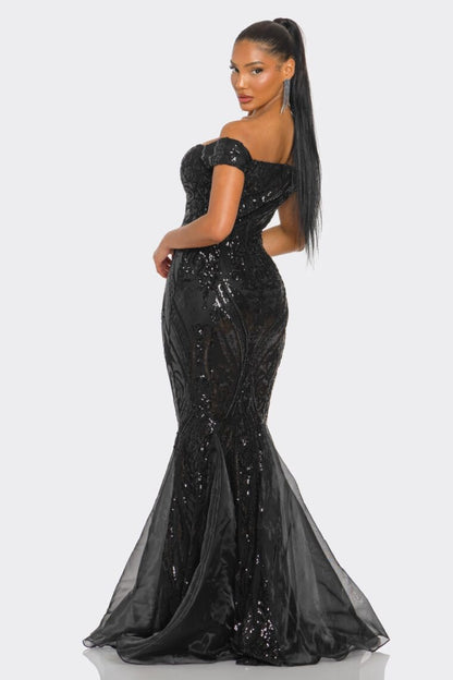 DDEP V OFF SHOULDER FLARED SEQUINS DRESS