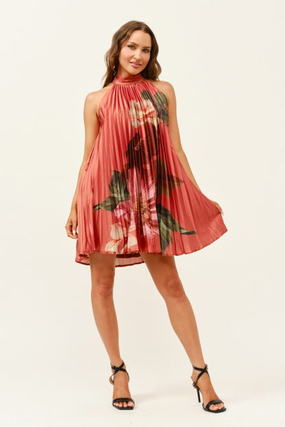 PLEATED HALTER FLORAL MINI DRESS