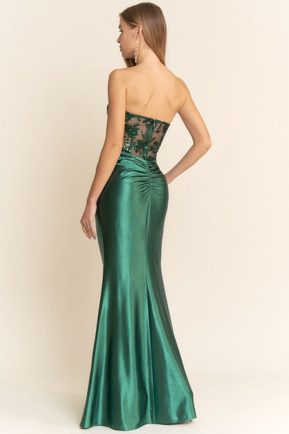 SHEER SEQUIN BODICE MAXI COCKTAIL DRESS